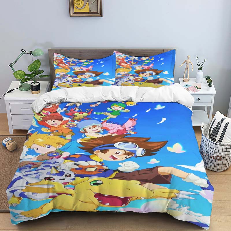 Digimon Cartoon 3D-Printed Bedding Set—Includes Duvet Cover and Pillowcases—Available for Single, Double, King, and Queen-Sized