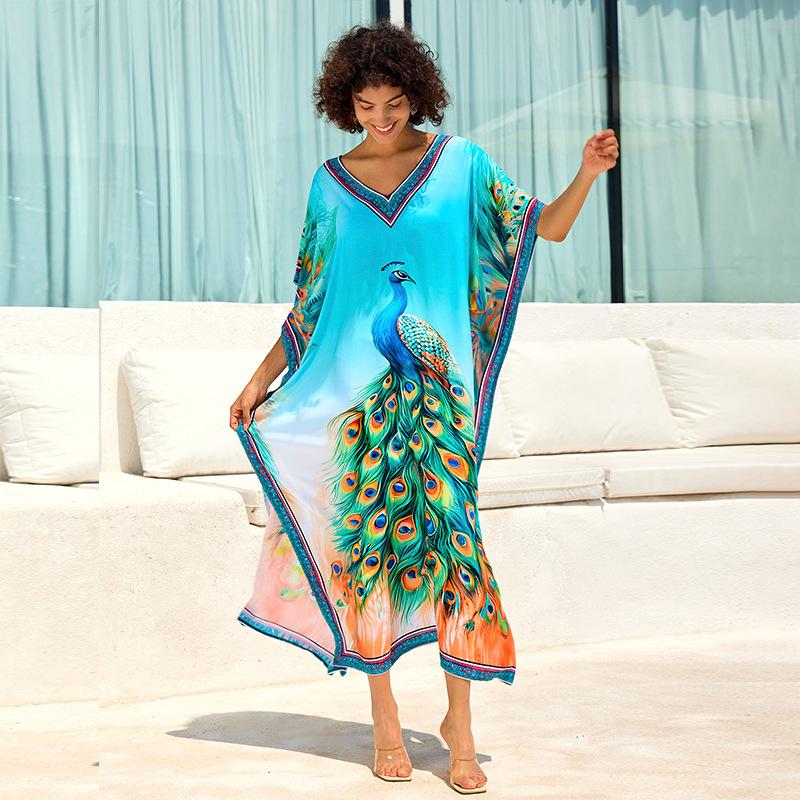 European & American Cotton Print Beach Cover-Up Long Dress - Plus Size Swimsuit Sunscreen Robe