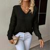 Euro-American V-Neck Hollow-Out Solid Long-Sleeve Sweater 906