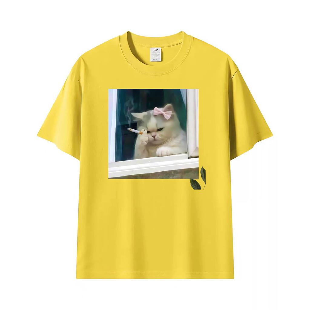 Funny Ironic Stressed Cat Meme Coquette Persian Smoking Humor Tshirt Unisex Unisex Fashion Short Sleeve High Quality Cotton T Shirt