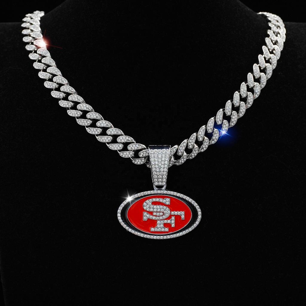 Iced Out San Francisco 49ers Charm Necklaces Bling Cuban Chain Hip Hop Men Women Alloy Gold Plated Rhinestone Pendant