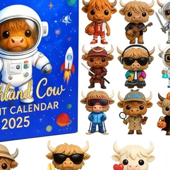 Astronaut Highland Cow Advent Calendar 24 Days Acrylic Ornament Box with Space Themed Surprises Christmas Countdown Decor for Kids