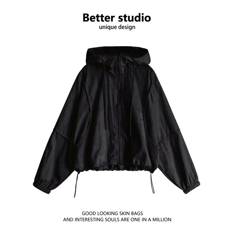 Women's Petite Sun Protection Hooded Windbreaker - UV-Resistant Casual Summer Jacket