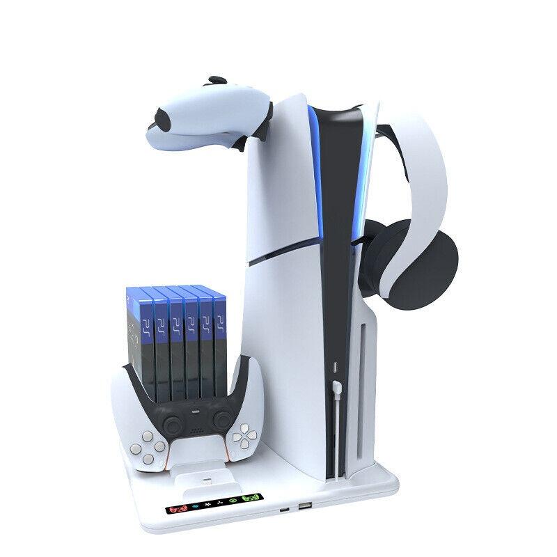 PARA PS5 Slim con estación de carga y soporte de almacenamiento para 8 juegos con ventilador de refrigeración y estación de carga para controlador PS5