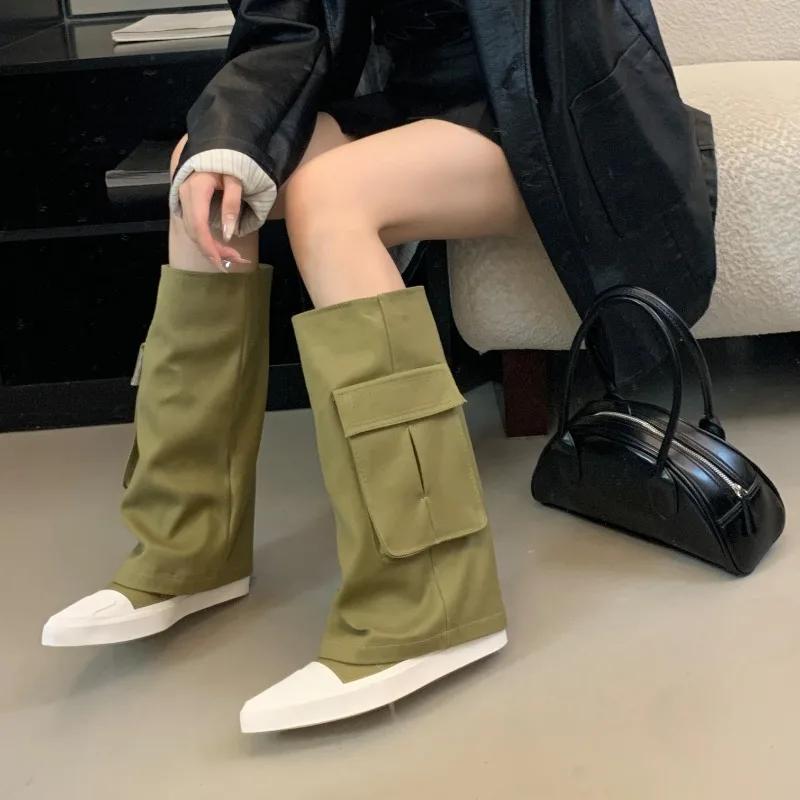 

Длинные сапоги для женщин 2024 Осень Зима Новые Острый носок Квадратный каблук Толстый Низкий каблук Сапоги-чулки Панк Рыцарские сапоги Обувь на платформе Женская 40 хаки