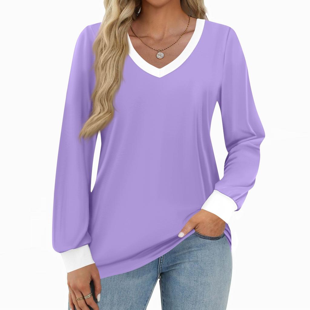 Women's Fashion Casual Long Sleeve Color Block Shirt Women's V-Neck Tops