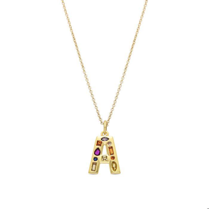 Collier - Luxenter - Alphabet A - Zircone multicolore - Or jaune 18k - 42 cm + 3 cm d'extension