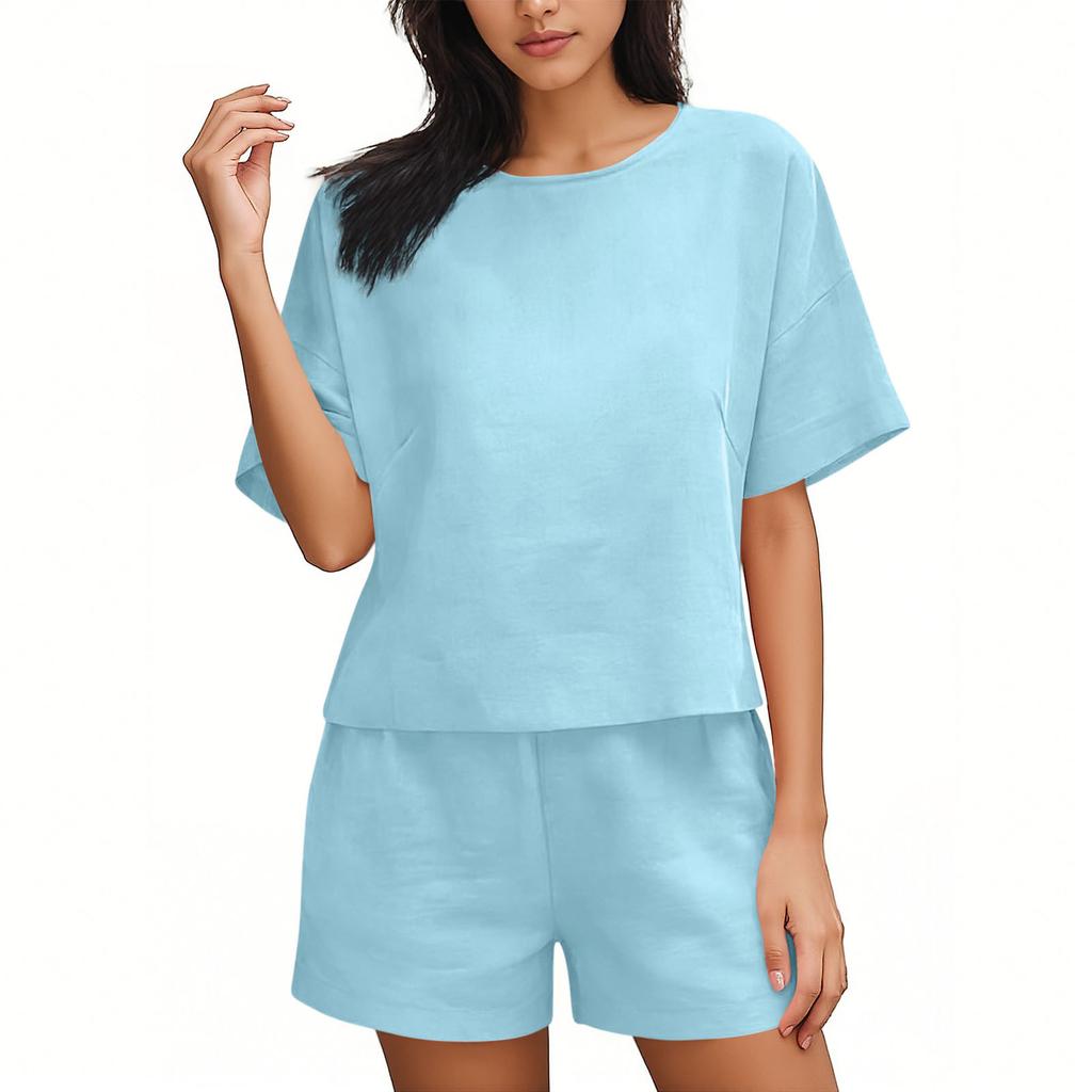 Fashionable Women's Color Casual Round Neck Loose Summer Shorts Top Set