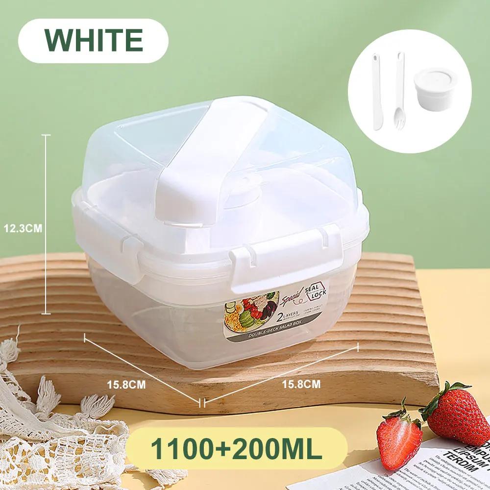 

1.6L Portable 2 Layer Lunch Box Fruit Salad Food Storage Container Set with Fork Microwave Safe Bento Box for Picnic School