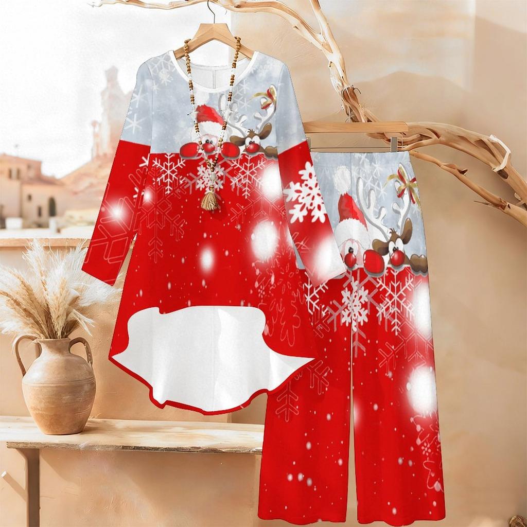Christmas Print Two Piece Outfit Women Long Sleeve Irregular Hem Tunic Top Wide Leg Pants Casual Matching Set