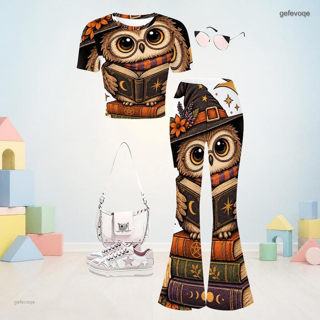 Girls Owl Book Printed Round Neck Short Sleeve Top Flared Pants Two Piece Set