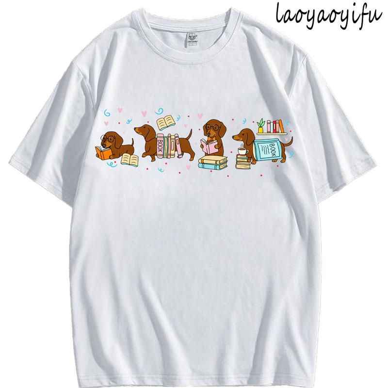 High Quality Cotton Dachshund Book Lover Reading Wiener Dog Bookish Gifts for Dog Moms Women Fashion Breathable Oneck Tee