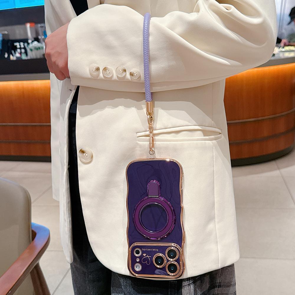 

Волнистая рамка, ремешок на запястье, чехол для телефона для iPhone 17 Air 16 15 14 13 12 11 Pro Max Plus, силиконовый мягкий защитный чехол, магнитная подставка iPhone 11 темно-фиолетового