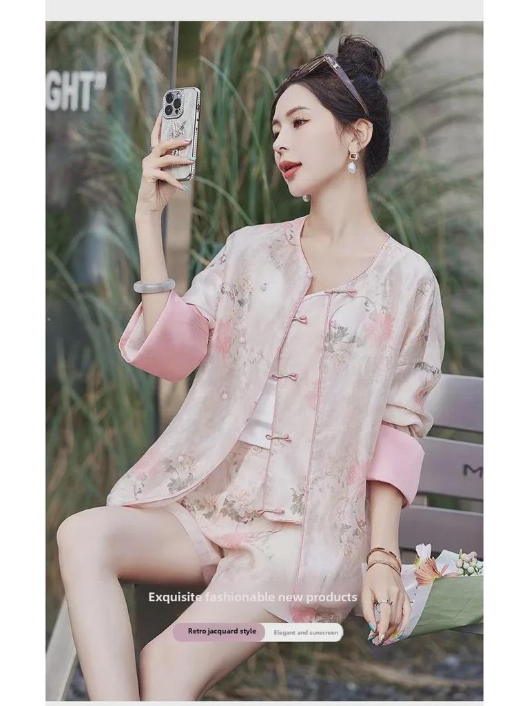 Women's Summer Chinese-Style Slim Shorts & Printed Cardigan Two-Piece Set