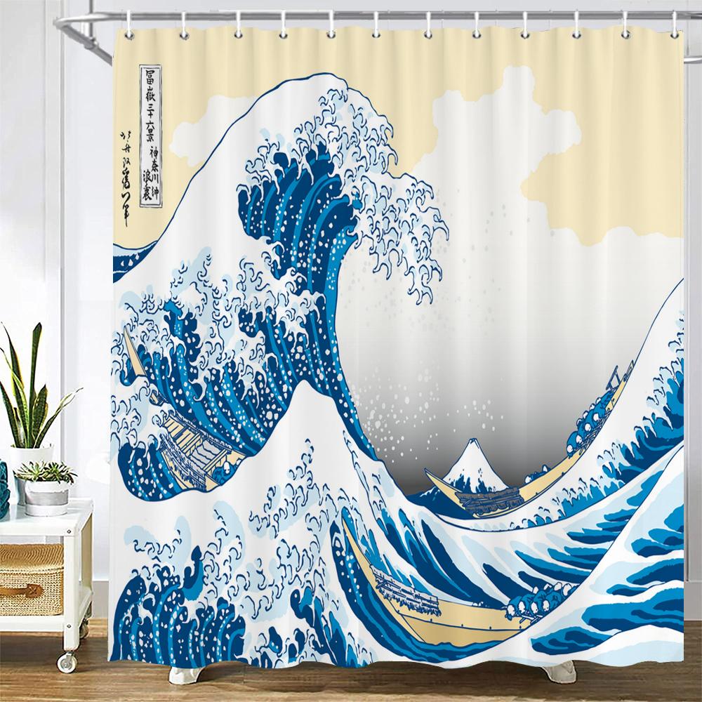 

Japanese Style Sea Waves Shower Curtain Bathroom Curtain With Hooks Waterproof Fabric Bath Curtain For Home Bathroom Decor W60H190(CM)-1 Pcs