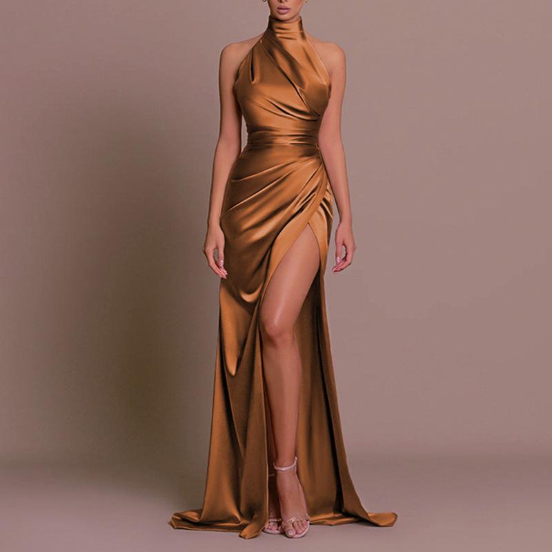 Halter Sleeveless Slit Slimming Dress Summer Stand-up Collar Dress