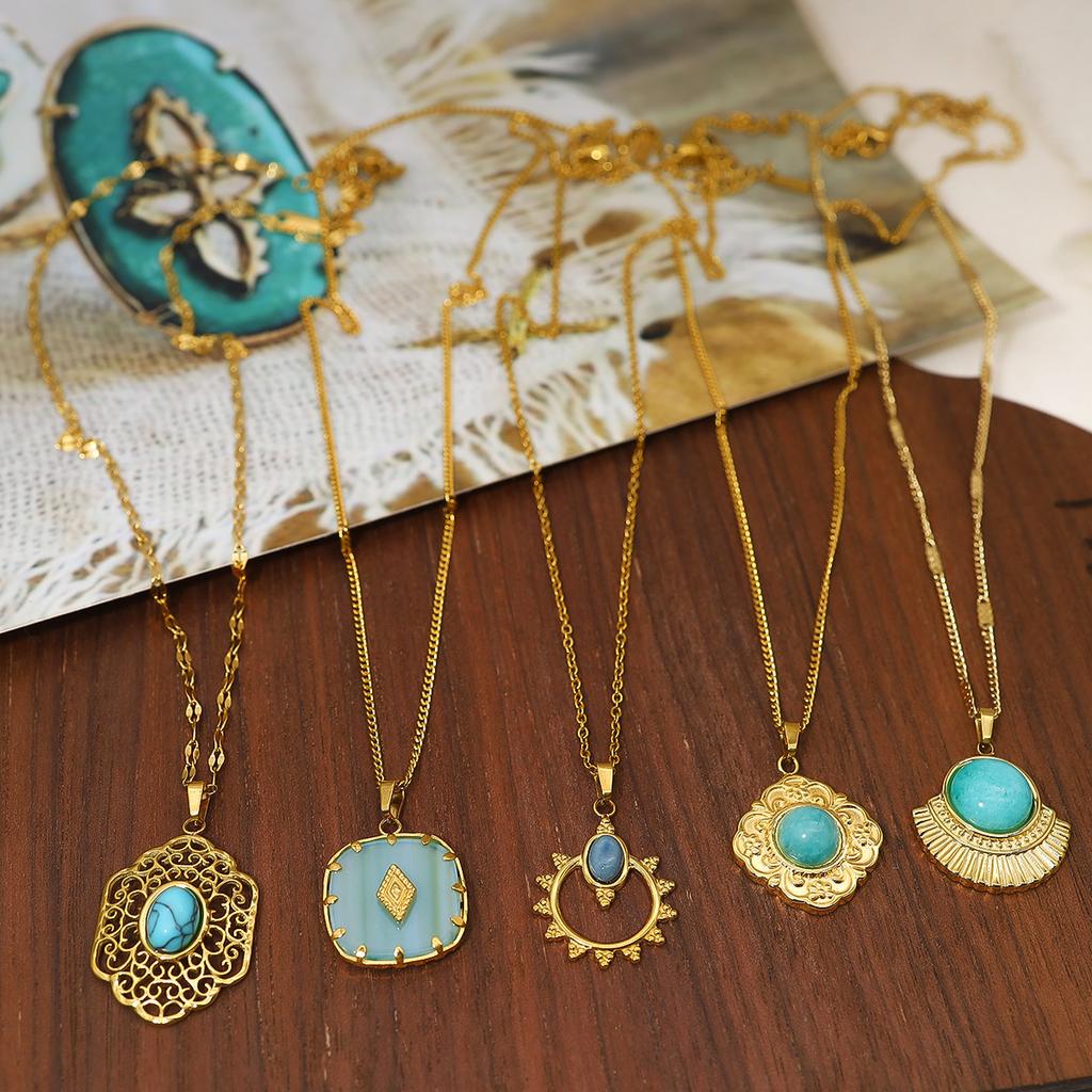 Blue Natural Stone Geometric Pendant Necklace Vintage Court Style Hollow Carved Clavicle Chain Titanium Steel Necklace