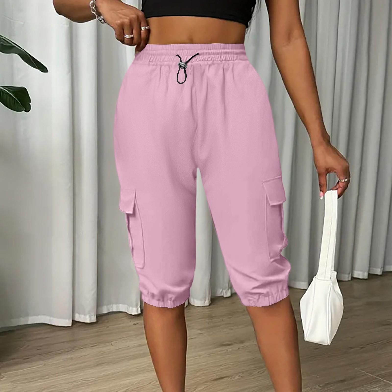 

Ladies Summer Casual And Fashionable Cropped Pants With Multiple Pockets And Solid Color Shorts XL рожевий
