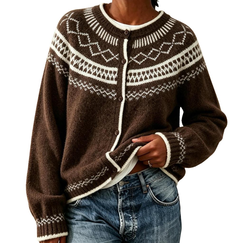 Women's Fashion Loose Fit Round Neck Button Front Knit Cardigan Sweater with Geometric Pattern for Fall and Winter