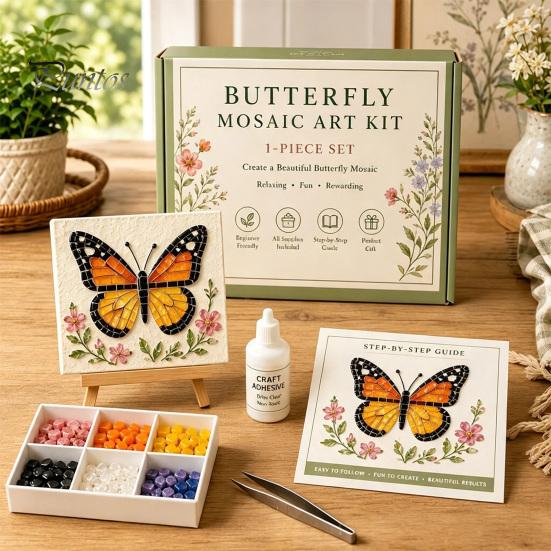 Handicraft Supplies for Home Sea Glass Mosaic Art Kit, Flower Insect DIY Unique Birthday Presents Her Craft Kit with Colorful Pieces Adults Beginners,