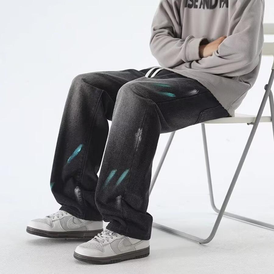 American High Street Tie-dye Ink-splashing Wide-leg Jeans Men's Trendy Brand Washed Autumn Old Style Straight Trousers