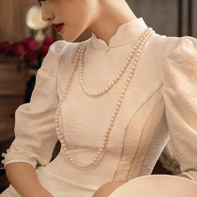 Retro Pearl Necklace Feminine Elegance Temperament Small Fragrance Double-Layer Collarbone Chain Long Sweater Chain Accessories