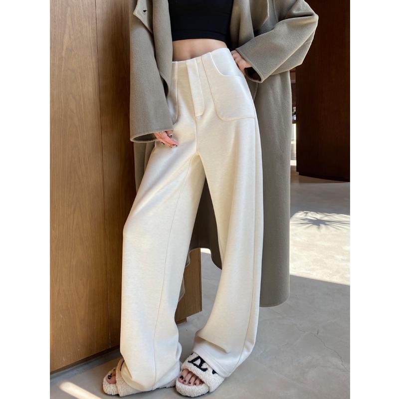 

White Wool Blend High-Waisted Fleece-Lined Pants for Women - Autumn/Winter Narrow-Leg Wide-Leg Draping Casual Suit Pants Large