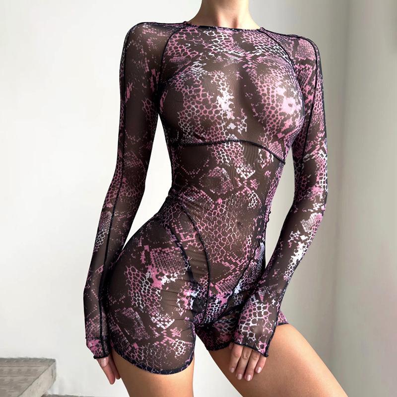 

Summer new mesh jumpsuit sexy spice onesie solid color backless tight high waist onesie S фиолетовый