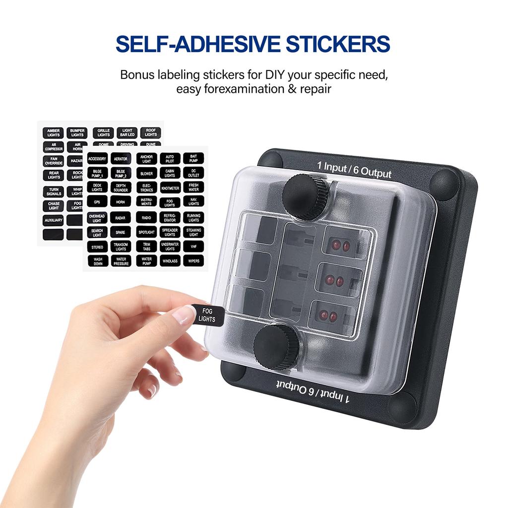 6-fach Block mit Erdung, Sicherungskastenhalter für Schutzabdeckung, LED-Lichtanzeige, Schraubklemmen für Auto, Marine, flaches Profil, negative Sammelschiene, wasserdicht