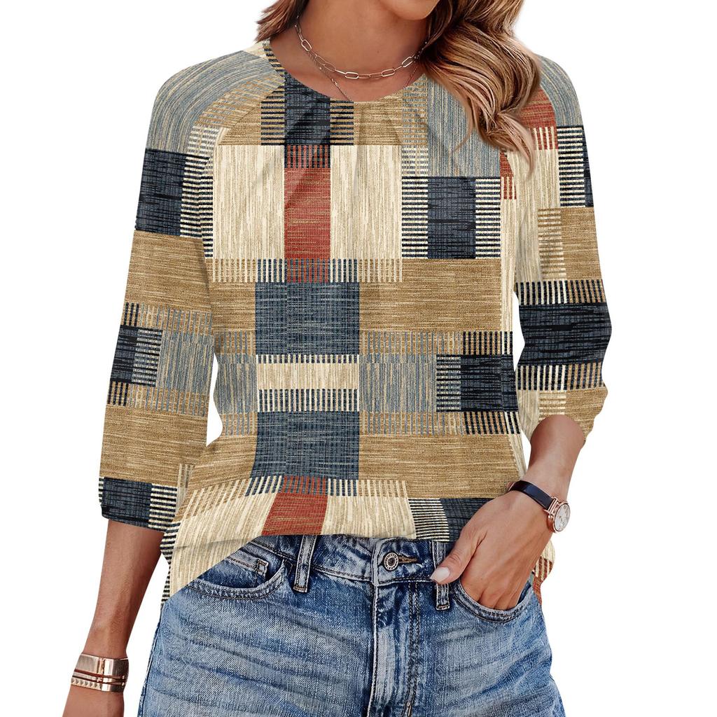 Women Geometric Print 3/4 Sleeve Round Neck Pleated Casual Loose Fit T-Shirt Top for Daily Wear