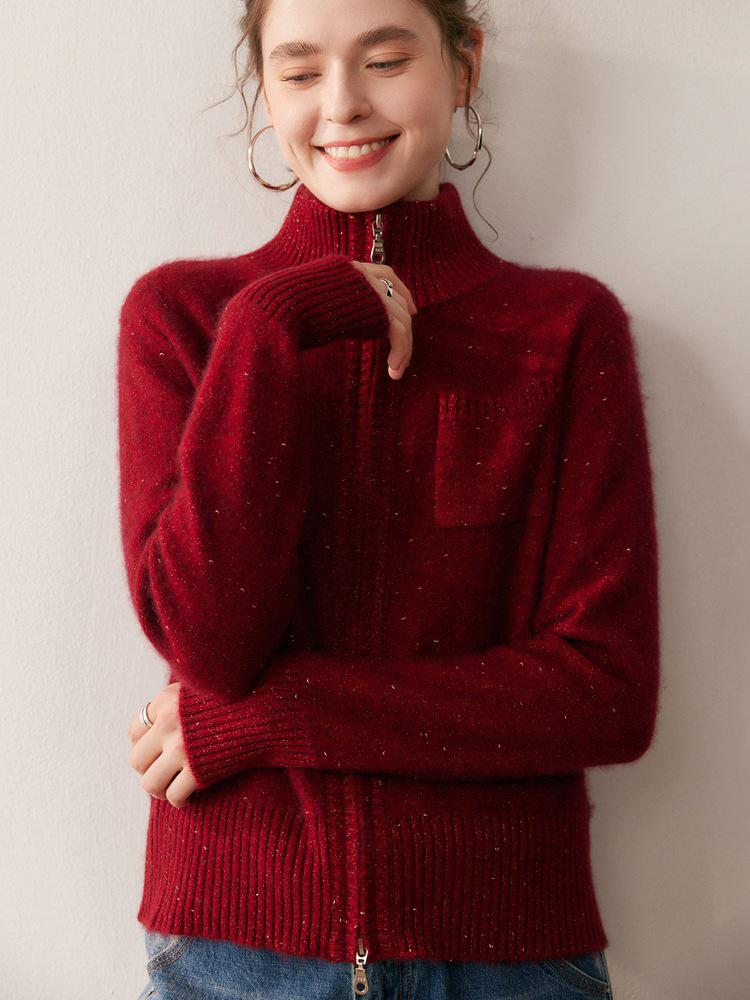2025 A/W Women's Cashmere Stand Collar Cardigan, Golden Bean Yarn, Double Zipper, Thick Knit with Pockets.