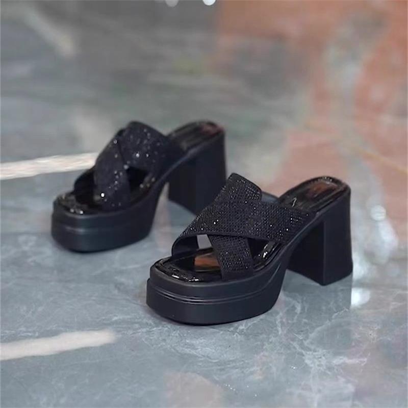 

Сандалии с квадратным носком и толстым каблуком, женская модная универсальная сексуальная обувь на высоком каблуке со стразами для улицы, лето 2025, простые шлепанцы на одной перемычке 40 чёрный