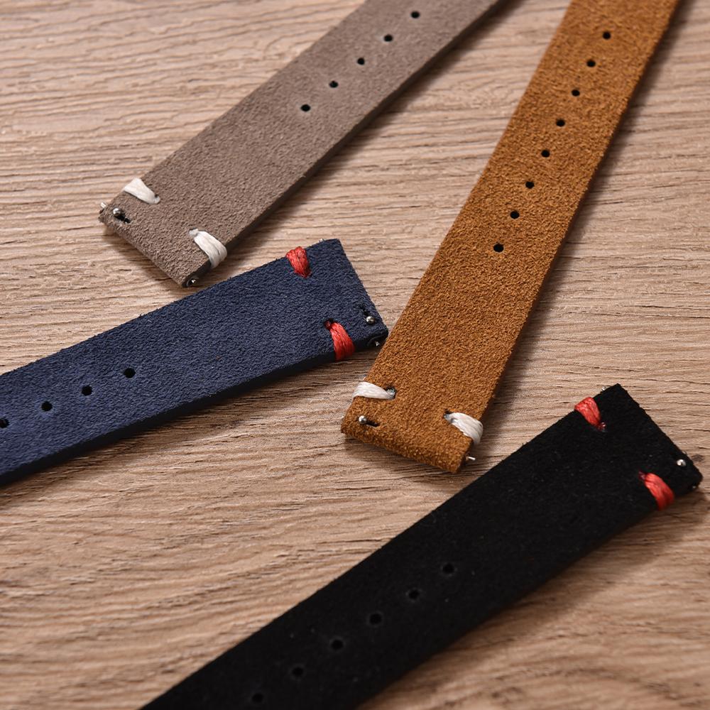 Vintage Suede Leather Watch Strap 20mm 22mm Contrast Stitching Quick Release Soft Snug Fit Replacement Strap