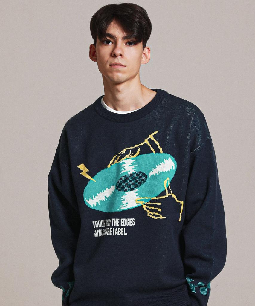 STAGE NAME Retro Record Oversized Knit Sweater_Navy