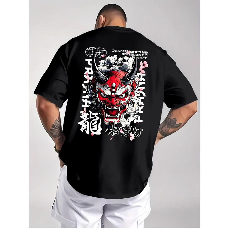 Herren Japanische Hannya Maske Grafikdruck Kurzarm T-Shirt Vintage Harajuku Streetwear Lässige Mode Oberteile
