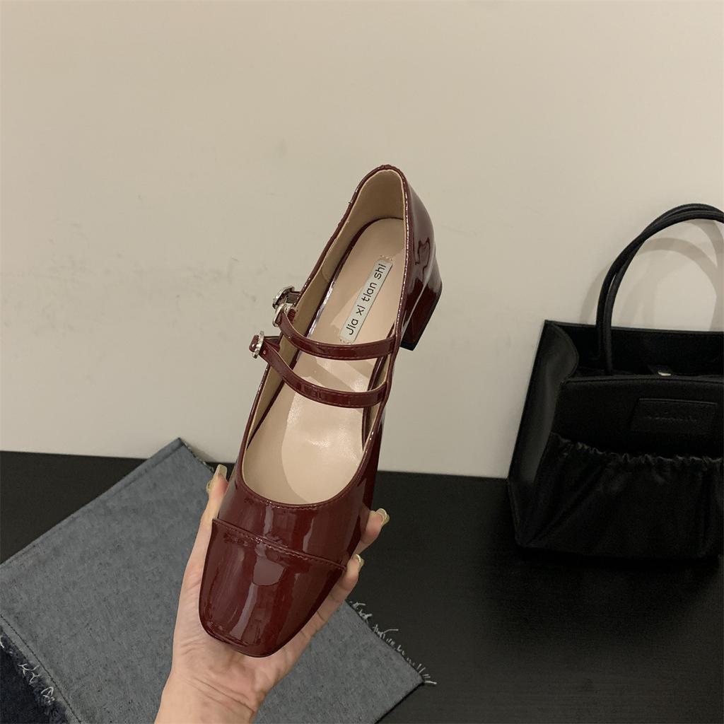 French thick heel niche single shoes red with skirt square Mary Jane shoes
