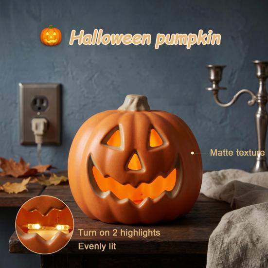Spooky Halloween Decoration LED Pumpkin Lantern, Scary Face Glowing Plastic Ambiance Light Lamp, Battery Operated Table Ornament for Home Party Decor