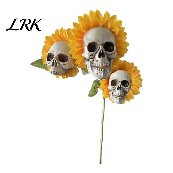 Halloween Lawn Decoration Sunflower Skull Ornament, Theme Garden Decor, Potted Resin Flower Pot Plant Waterproof Outdoor Decoration, for Patio