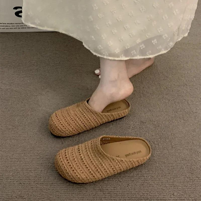 

Модные женские богемные плетеные мюли, тапочки, балетки, полые сандалии, летняя мода, пляжная обувь, повседневный комфорт, сандалии для женщин, шлепанцы 36 коричневый