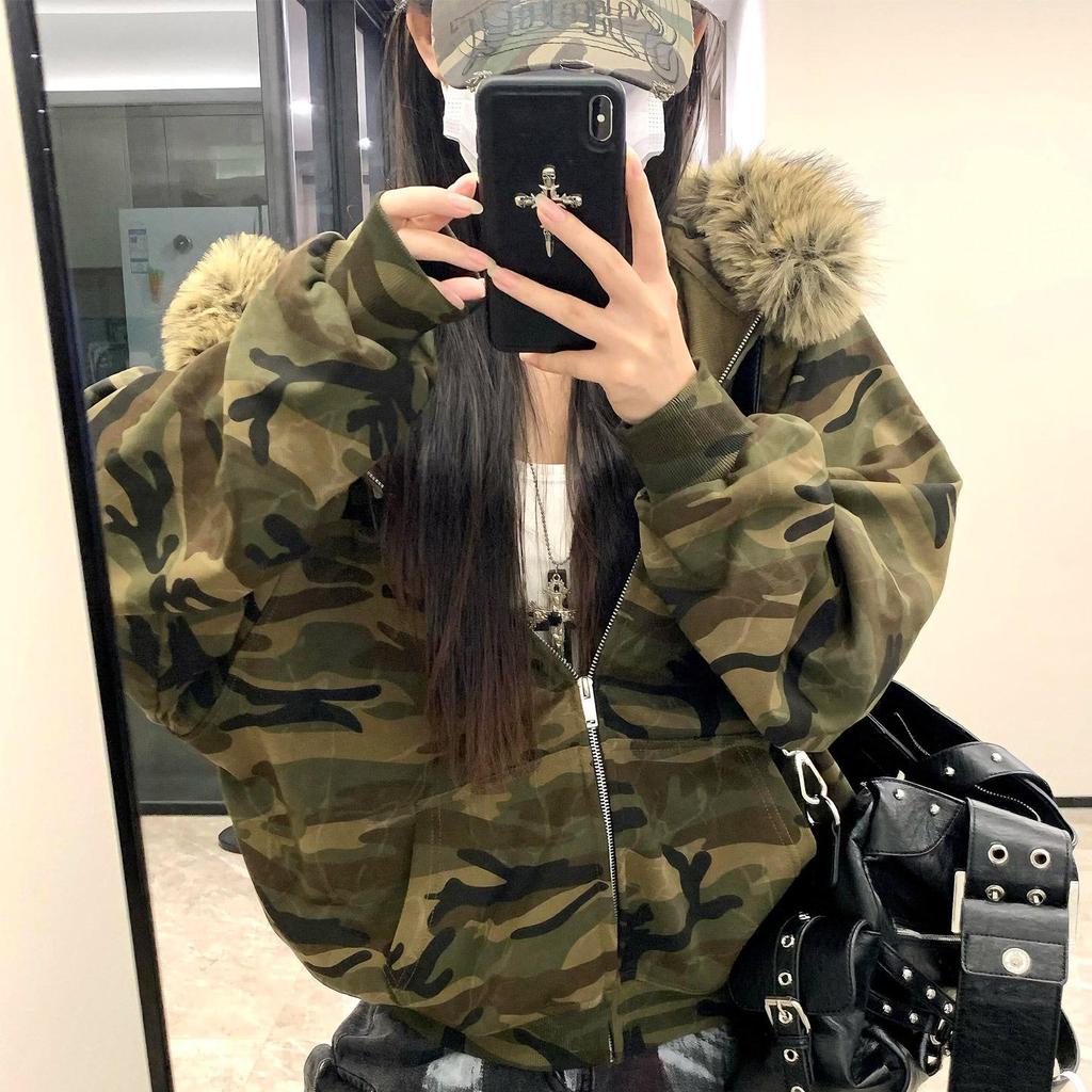 Damen Herbst Camouflage Kapuzenpullover Jacke - Lockerer Schnitt, Vielseitig, Mit Samt gefüttert, Verdickt