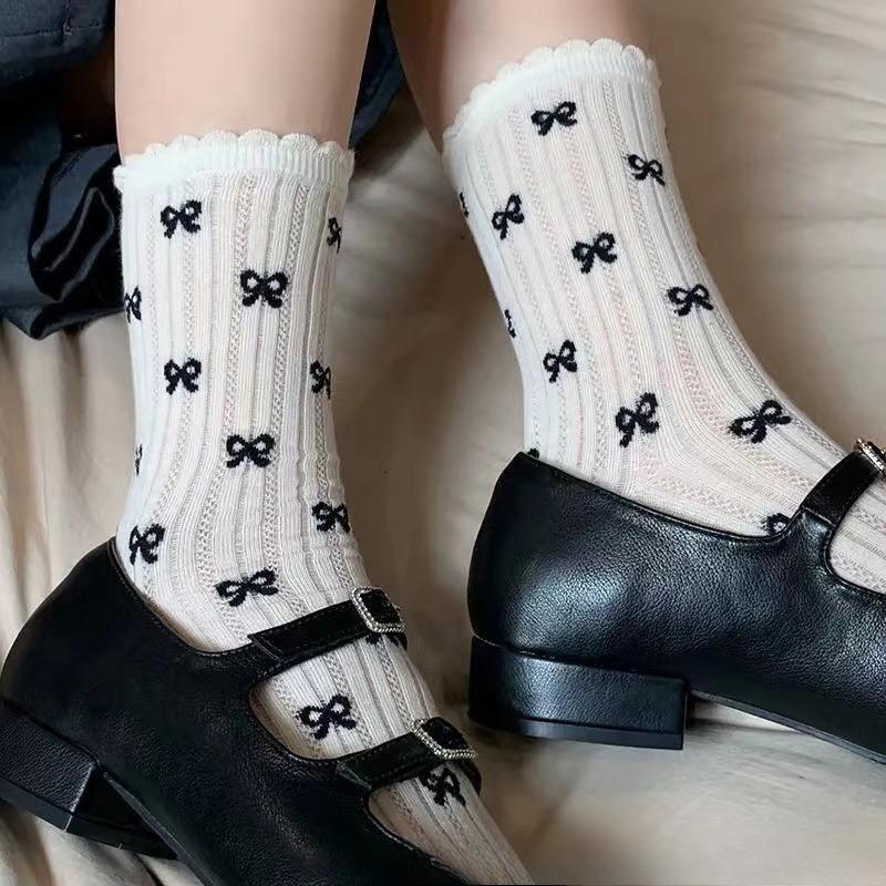 4 Pairs Women Polka Dot Bow Mid Tube Socks Summer Thin Lightweight Breathable Flower Border Sweet Girly Heart Pile Long Socks