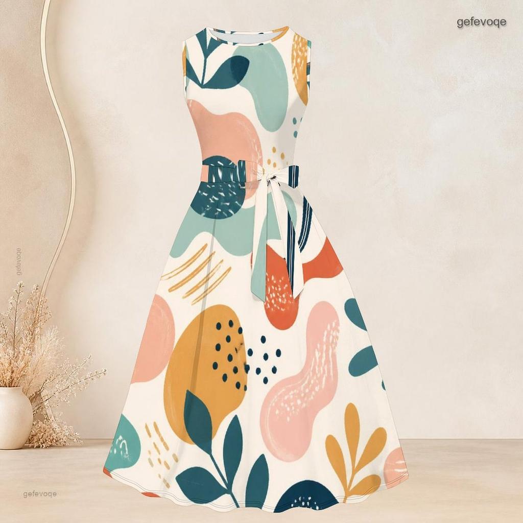 Women Plus Size Printed Two Piece Set Sleeveless Tie Waist Flared Dress 3 4 Sleeve Open Cardigan