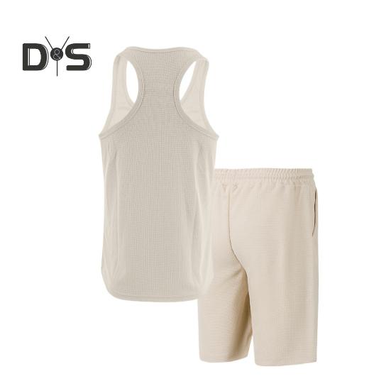 2Pcs/Set Men Sportswear Waffle Fabric Solid Color O-Neck Sleeveless Vest Elastic Waist Wide Leg Shorts Suit Casual Wear