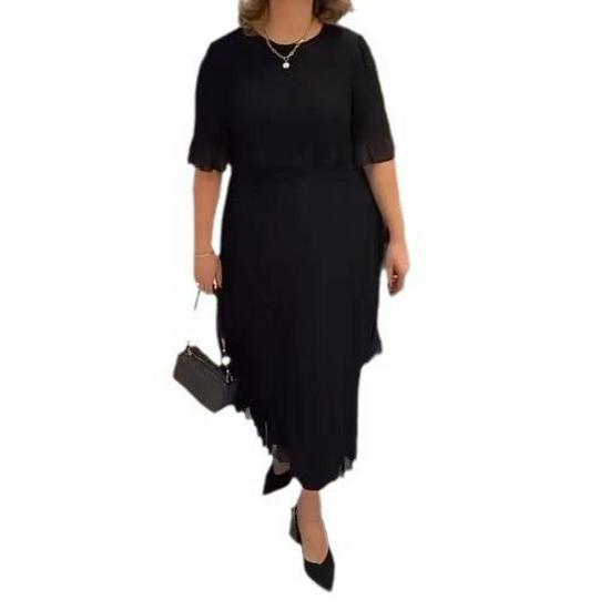 European & American Plus Size Women's Solid Color Round Neck Midi Dress with Five Sleeves - Spring/Summer Fashion
