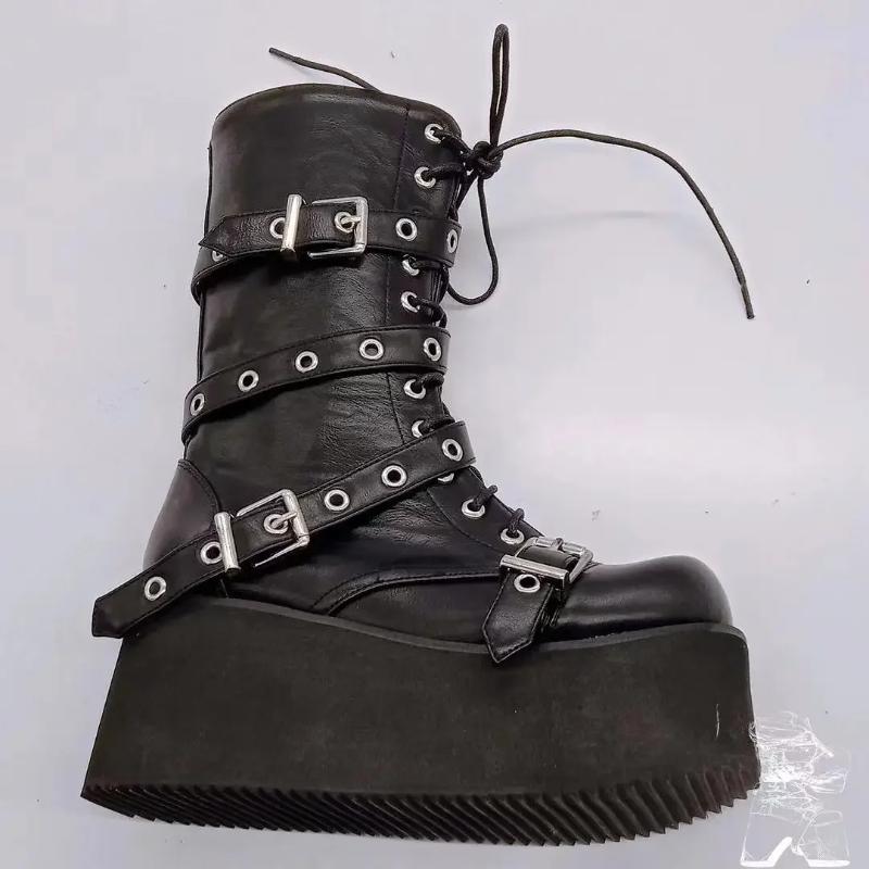 Plus Size 43 Autumn Women Boots Buckle Round Toe Wedges Platform Boots Punk Goth Ins Women Street Shoes Combat Boots For Women
