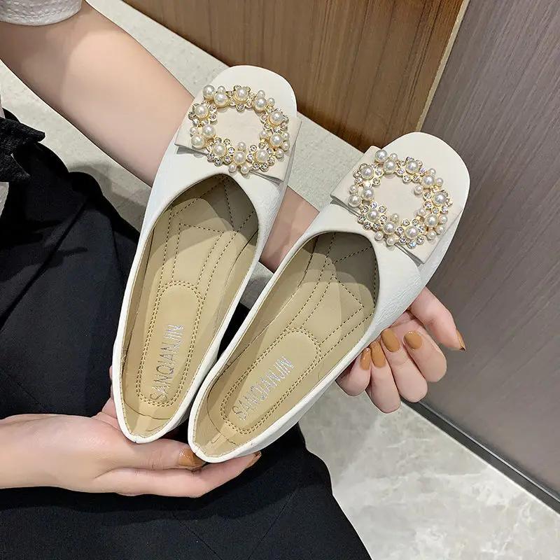 Fashion Pearl Woman Flats White Yellow Square Toe Shoes for Women High Quality Fashion Genuine Mark Casual Shoe Stylish on Offer 39 Sale