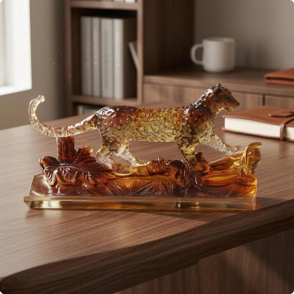 Leaping Cat Ornament HoneyHued Resin Leopard Figure Glossy Desk for Office, Display