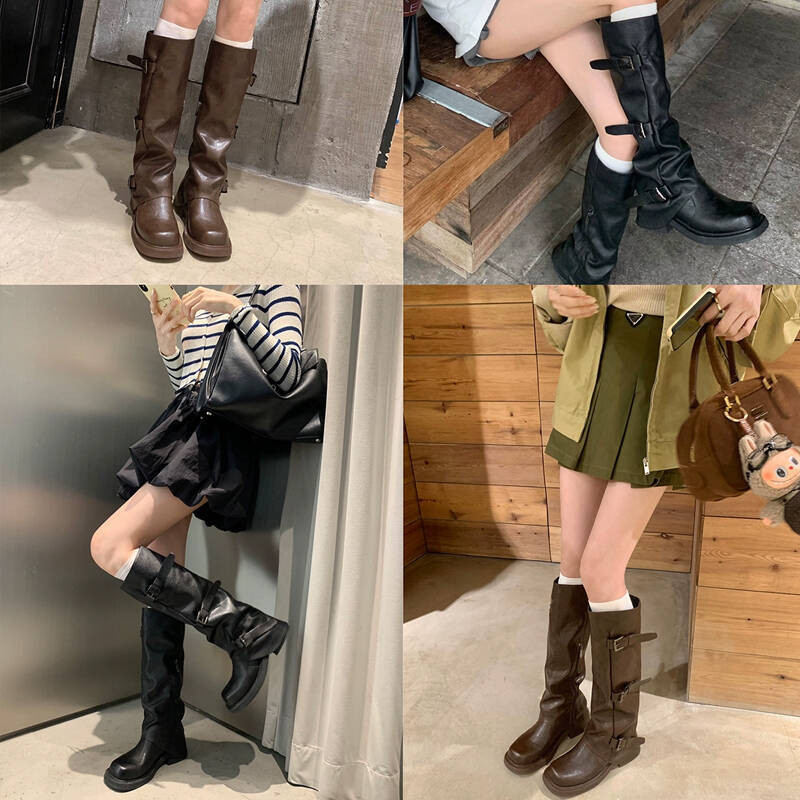 Grape mother two versions of height increase fashionable new belt buckle square round head fold medium tube knight boots boots women's autumn