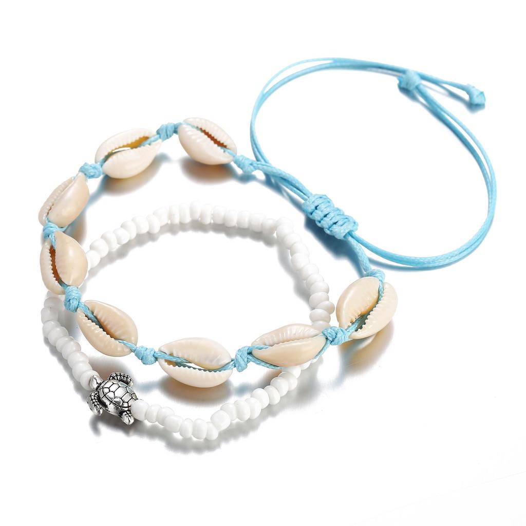 2Pcs Retro Style Beach Tortoise Shell Beads Push-pull Anklet Chain Set