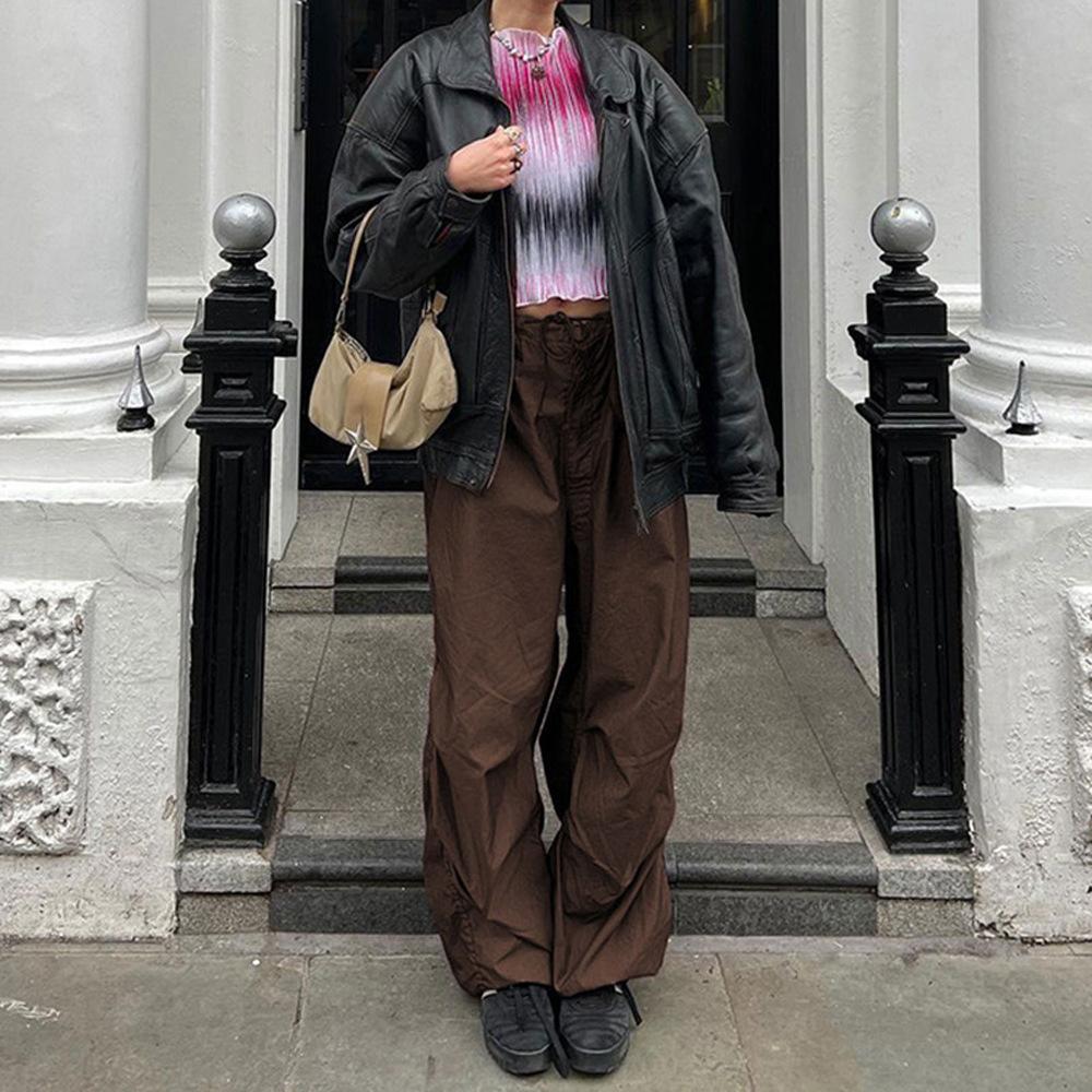 Pantaloni de damă de primăvară și vară cu personalitate largi de stradă, culoare uni, drepte, pantaloni casual cu talie joasă